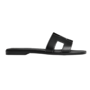 Hermes Oran Sandal Black Calfskin - White Top Stitch Flat Shoes