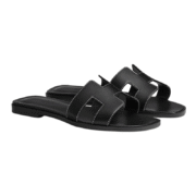 Hermes Oran Sandal Black Calfskin - White Top Stitch Flat Shoes - Image 2